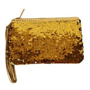 Gold Sequin Wristlet Clutch Reversible Sequins Zipper Closure 7.5" X 4.5" New